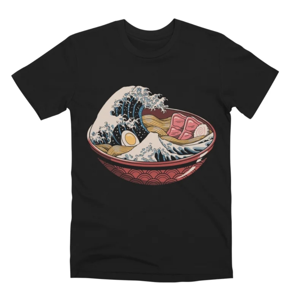 The Great Ramen Wave Blue short sleeve graphic tee Med Satire Modern Art Kawaii